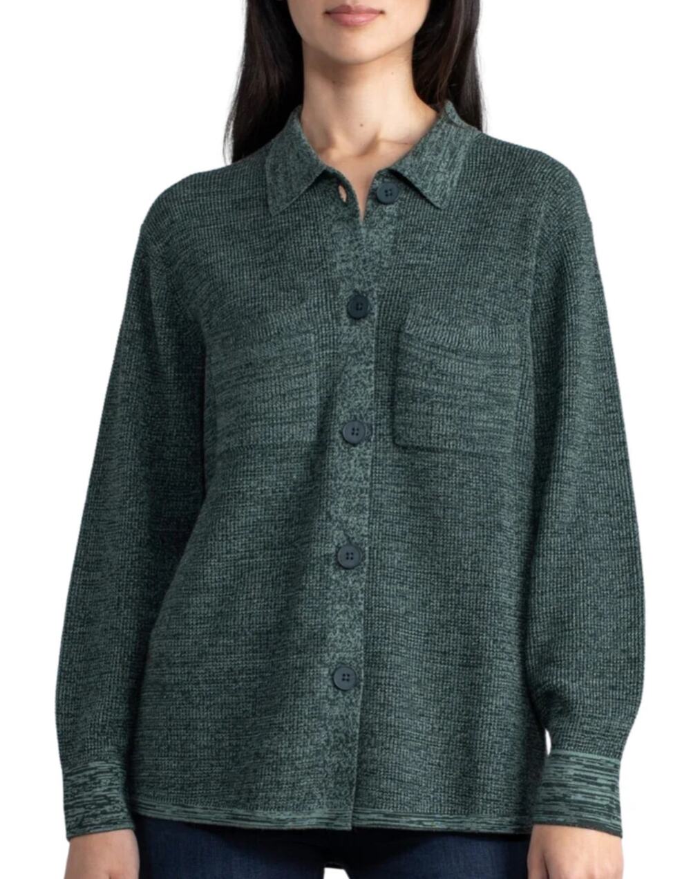 Margaret O'Leary Waffle Shacket Forest Green Medium 5 Button Cotton Sweater